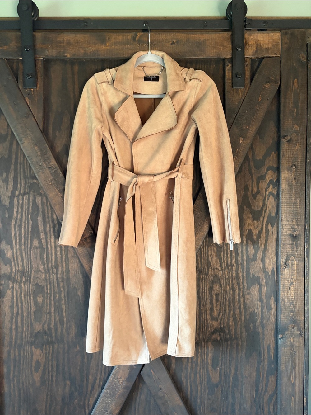 Tahari Faux Suede Trench Coat in Tan - XS